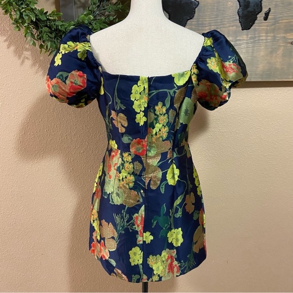 NWOT Lulus So Stunning Navy Blue Floral Jacquard Puff Sleeve Mini Dress - Picture 9 of 11
